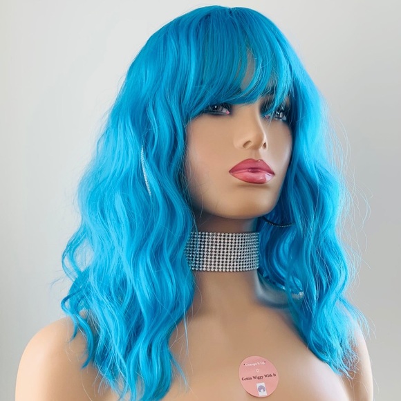 12” Bright Blue “Put On & Go” Synthetic Wig w Bangs for Events 🌈 - Picture 4 of 6